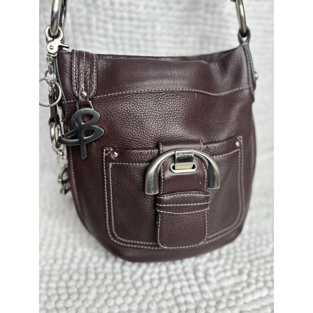 B Makowsky Brown Pebbled Leather Crossbody, Buckle Accent Purse Bag,  w/ Charms